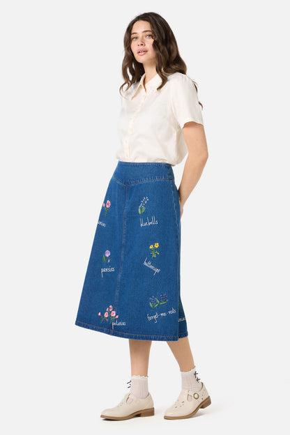 Princess Highway - Flower Patch Emb Denim Skirt - blue-denim