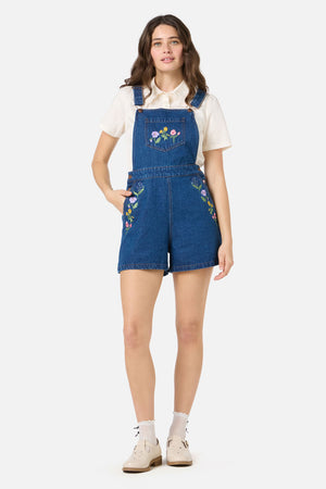 Princess Highway - Flower Patch Emb Short Overall - blue-denim