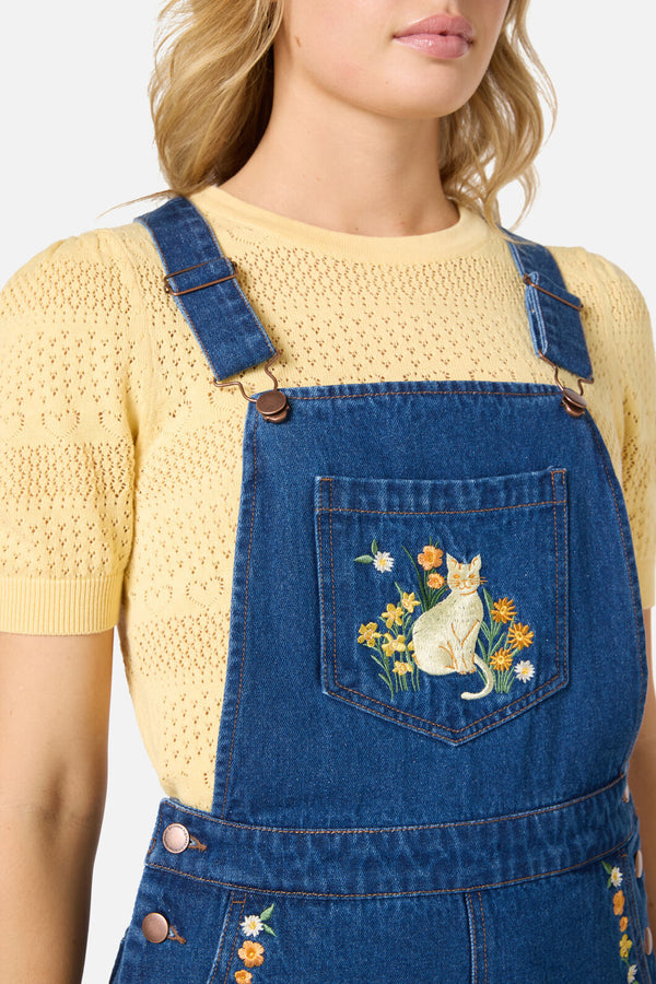 Princess Highway - Cats Embroidered Short Overall - blue-denim