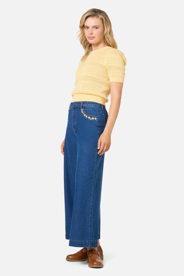 Princess Highway - Cat Embroidered Denim Jean - blue-denim