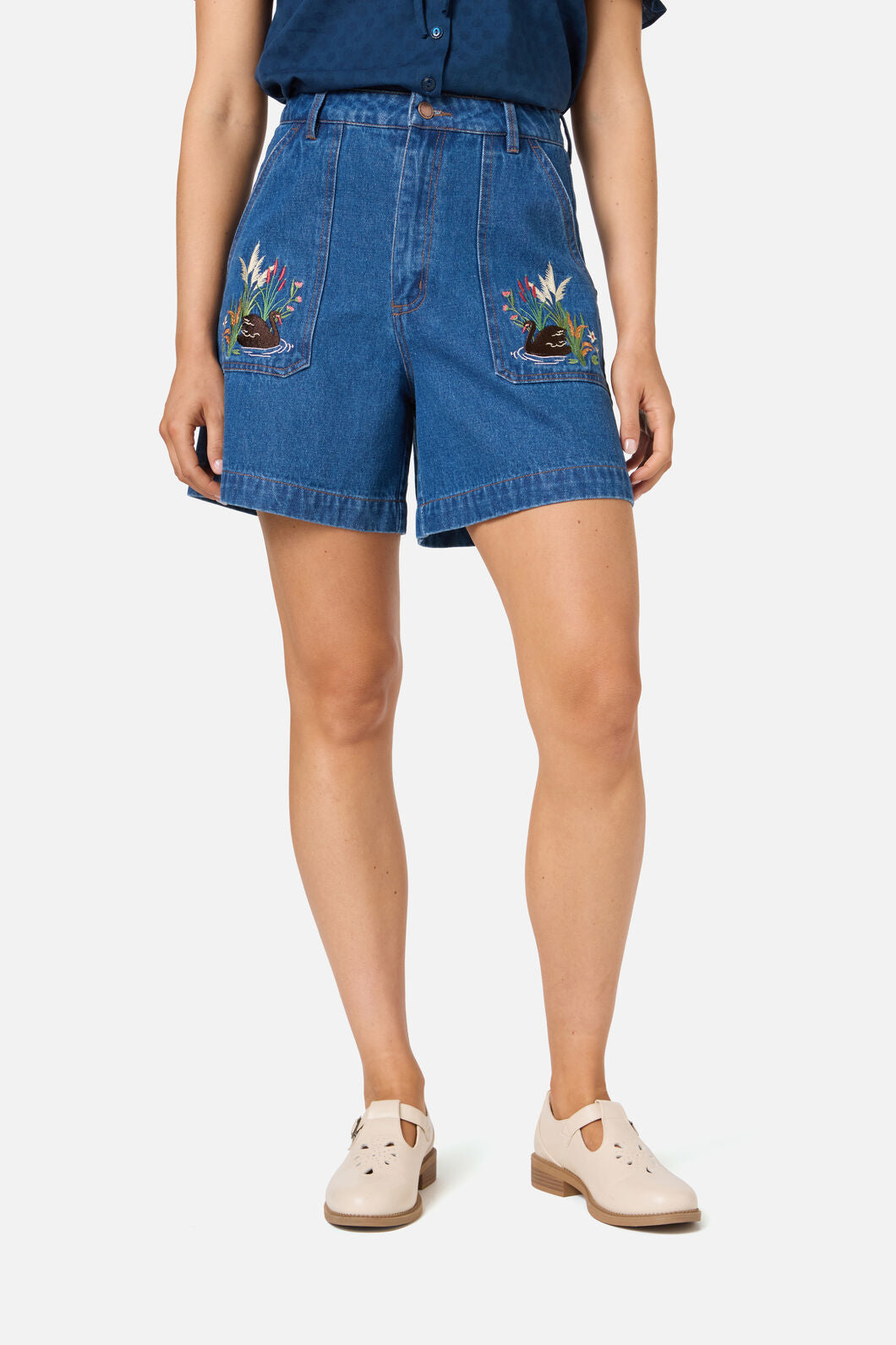 Princess Highway - Swan Embroidered Denim Short - blue-denim