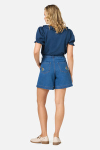 Princess Highway - Swan Embroidered Denim Short - blue-denim