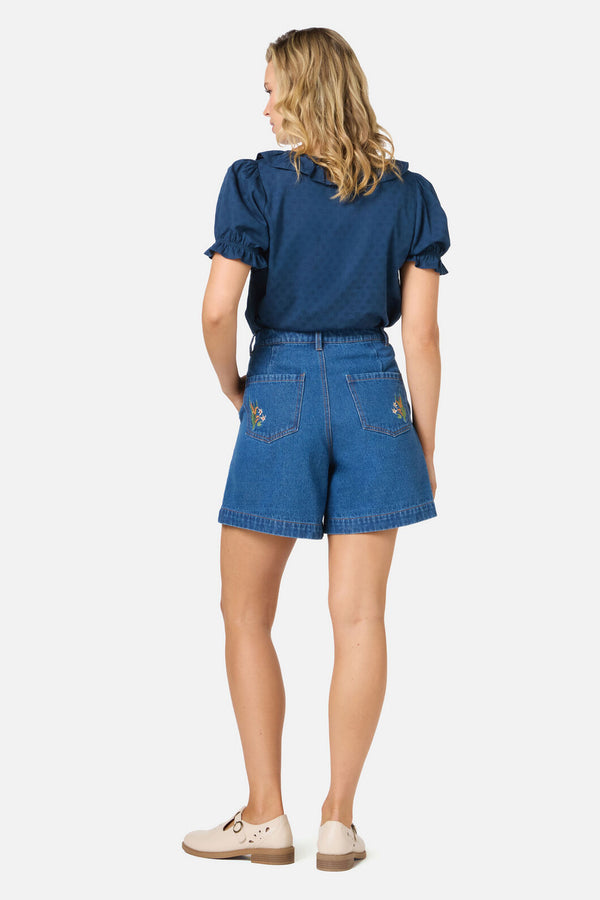 Princess Highway - Swan Embroidered Denim Short - blue-denim