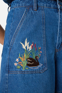 Princess Highway - Swan Embroidered Denim Short - blue-denim