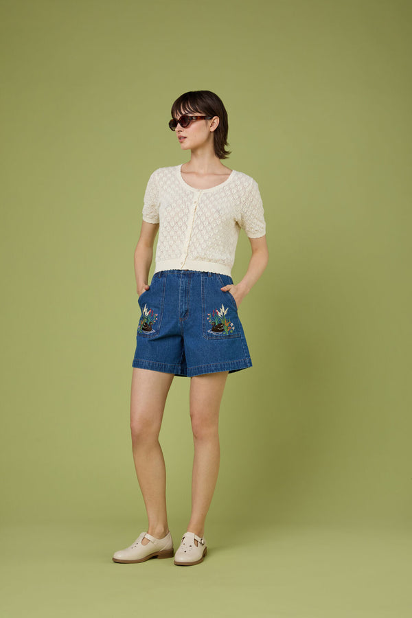 Princess Highway - Swan Embroidered Denim Short - blue-denim