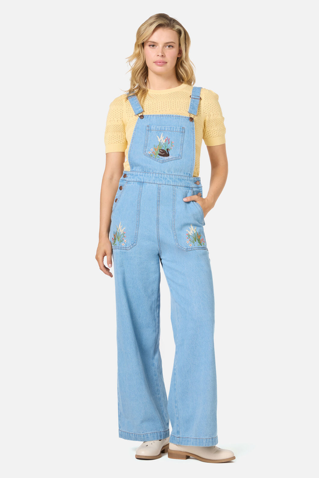 Princess Highway - Swan Embroidered Overall - blue-denim
