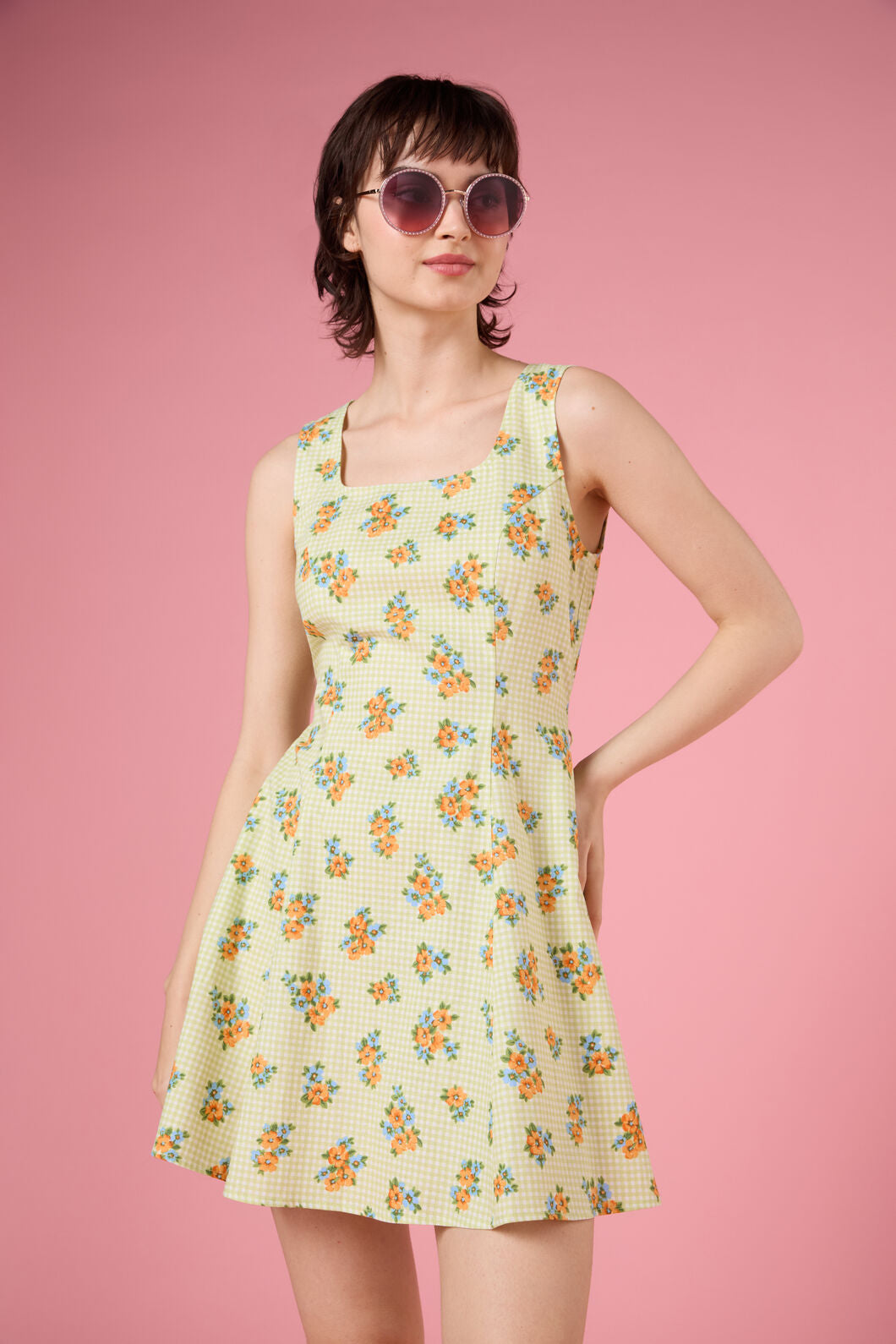 Princess Highway - Gingham Floral Shift Dress - green