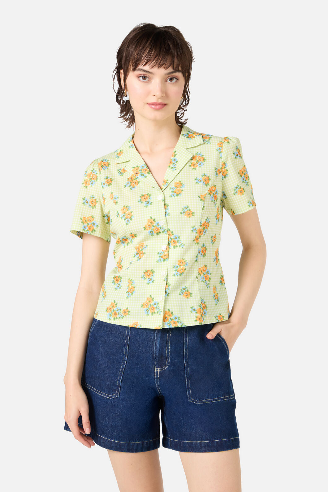 Princess Highway - Gingham Floral Blouse - green