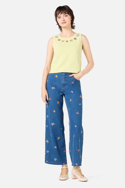 Princess Highway - Floral Embroidered Knit Tank - soft-green