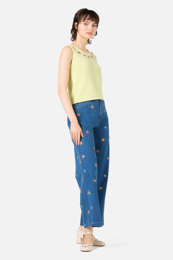Princess Highway - Floral Embroidered Knit Tank - soft-green
