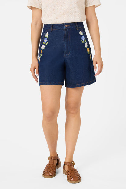 Princess Highway - Blooms Embroidered Short - blue-denim