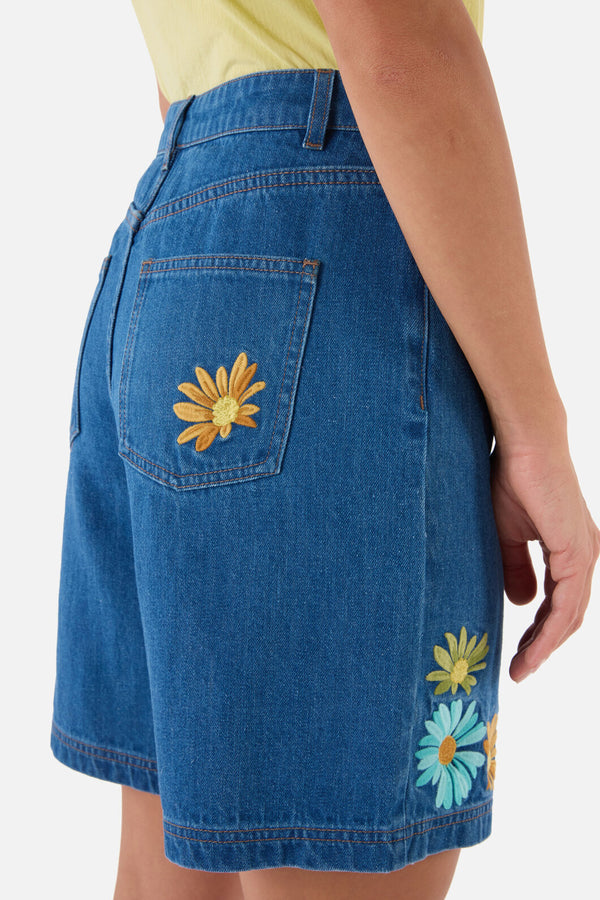 Princess Highway - Sweet Daisy Embroidered Short - blue-denim