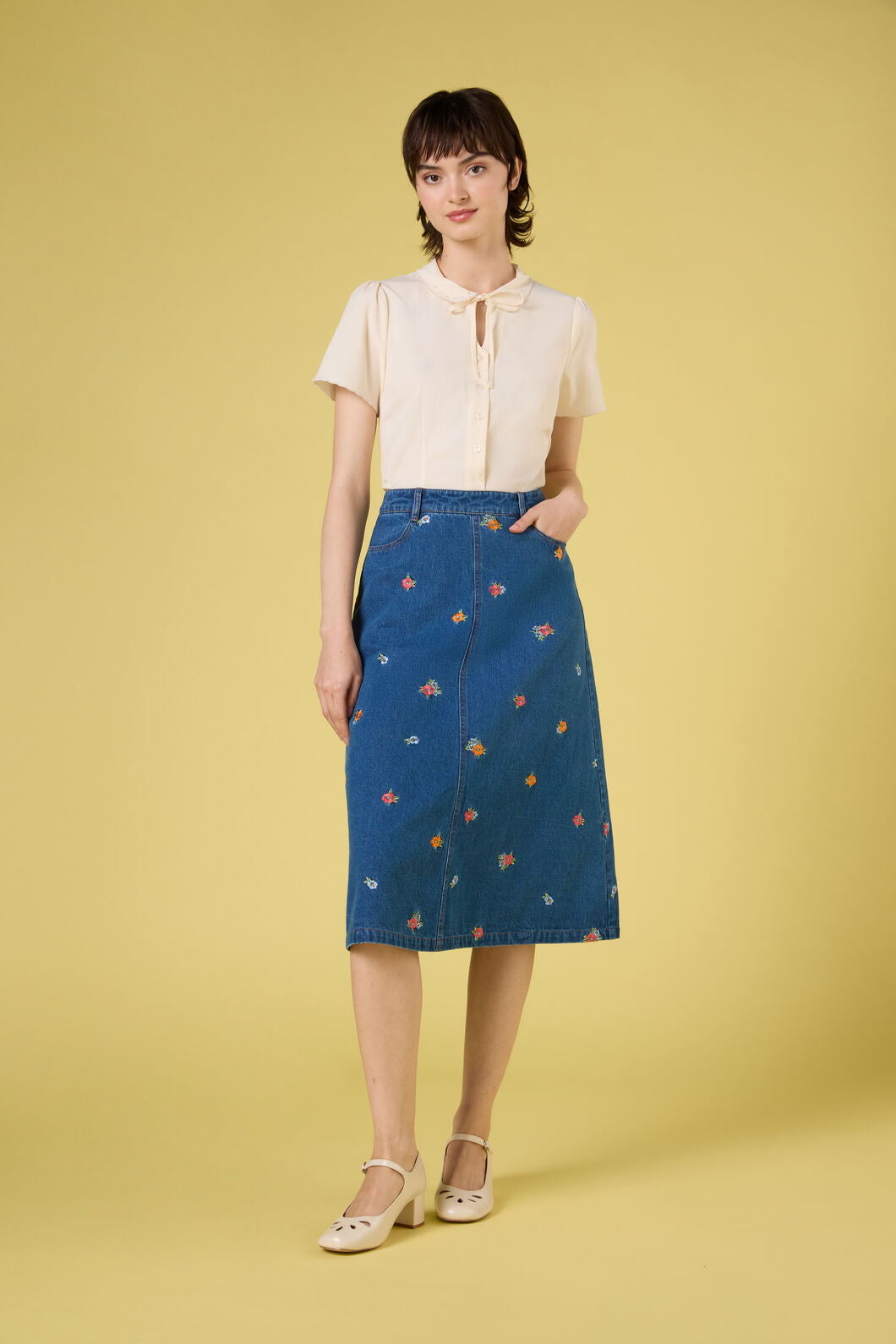 Princess Highway - Floral Embroidered Denim Skirt - blue-denim