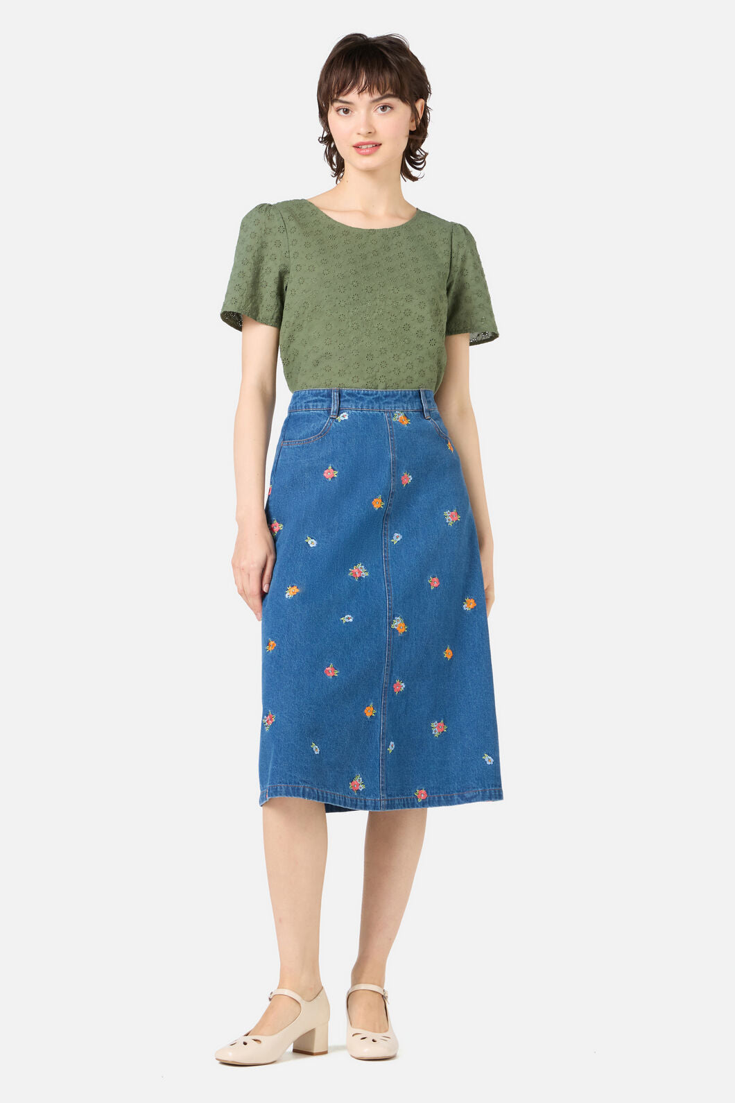Princess Highway - Floral Embroidered Denim Skirt - blue-denim