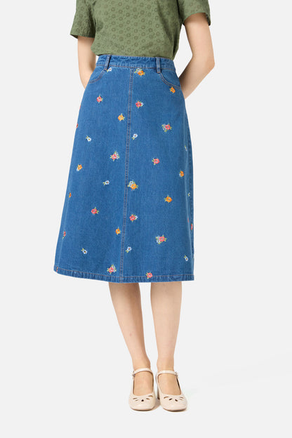 Princess Highway - Floral Embroidered Denim Skirt - blue-denim