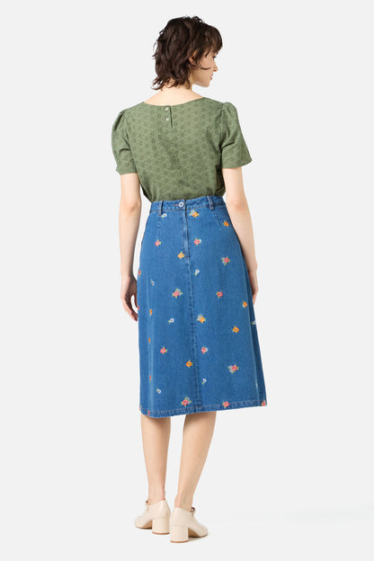 Princess Highway - Floral Embroidered Denim Skirt - blue-denim