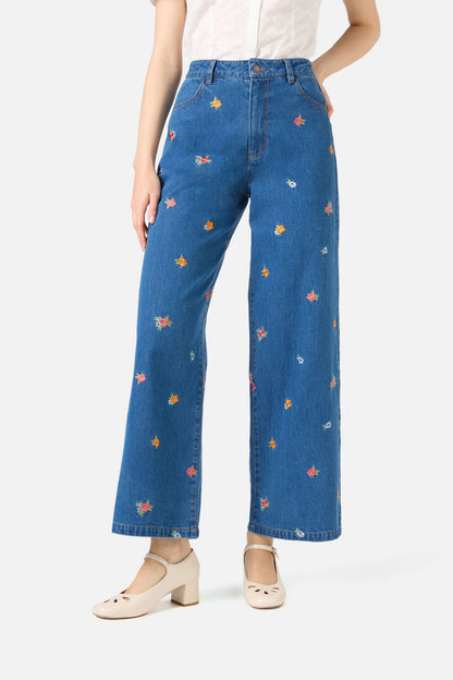 Princess Highway - Floral Embroidered Denim Jeans - blue-denim