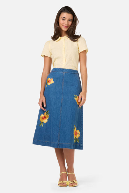 Princess Highway - Hibiscus Emb Denim Skirt - blue-denim