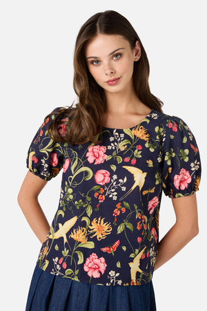 Princess Highway - Whimsical Garden Sleeved Top - navy