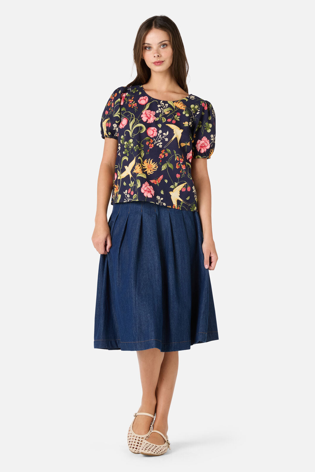 Princess Highway - Whimsical Garden Sleeved Top - navy