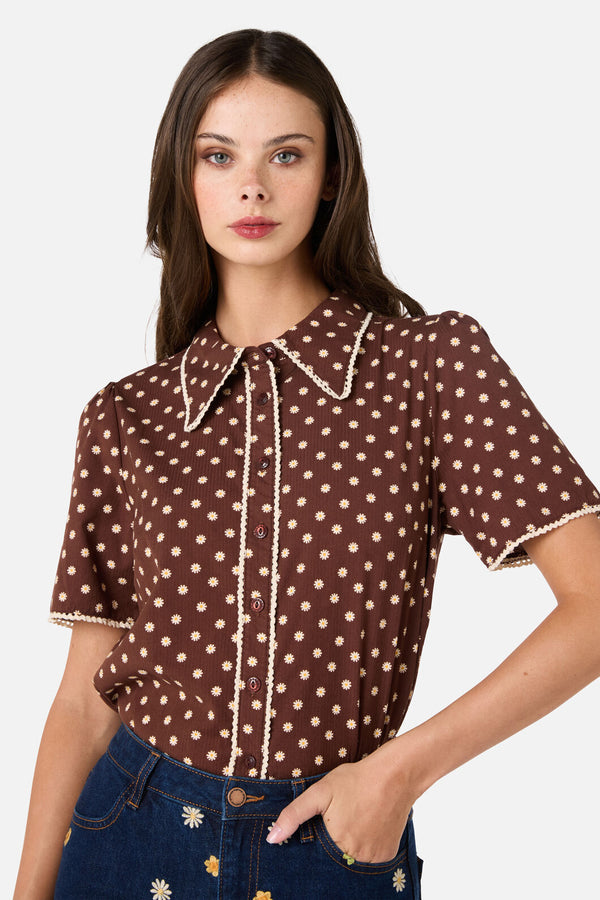 Princess Highway - Ditsy Daisy Retro Blouse - chocolate