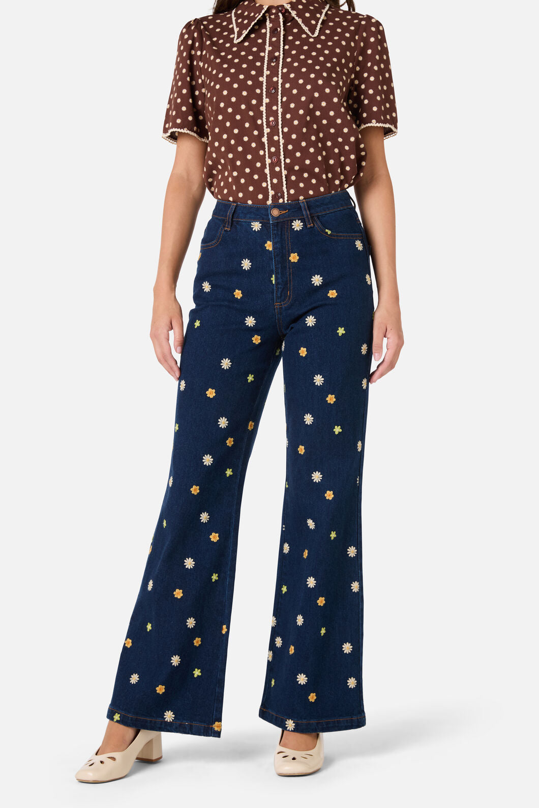 Princess Highway - Ditsy Daisy Flared Jeans - blue-denim