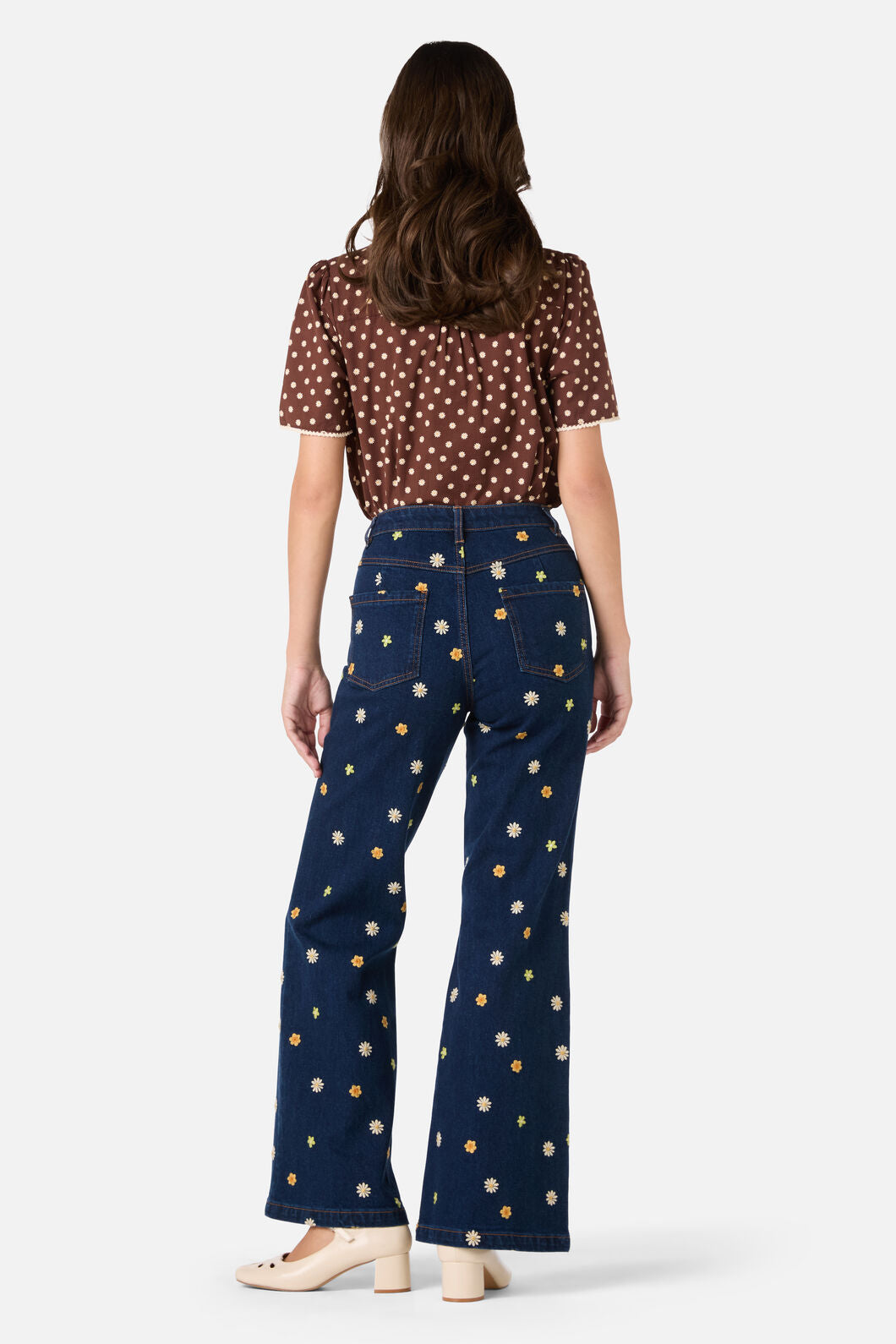 Princess Highway - Ditsy Daisy Flared Jeans - blue-denim