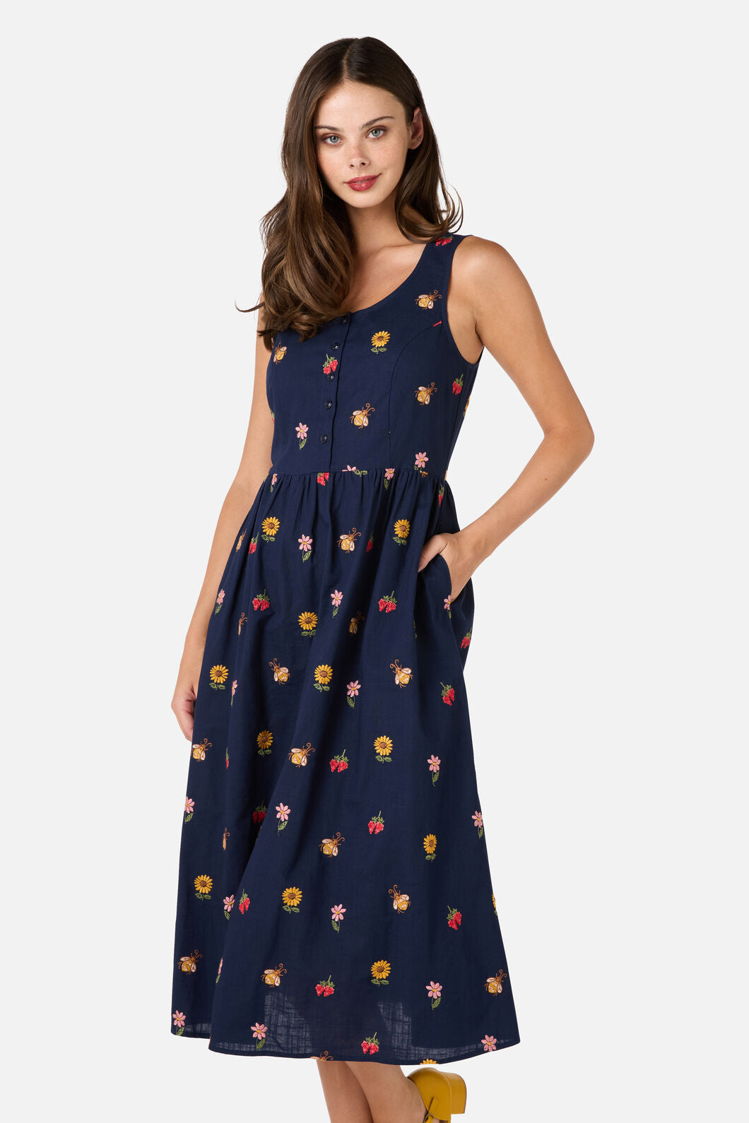 Princess Highway - Honey Embroidered Midi Dress - navy