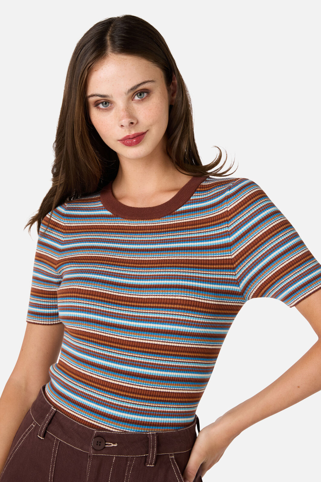 Princess Highway - Adelaide Stripe Rib Knit Top - toffee