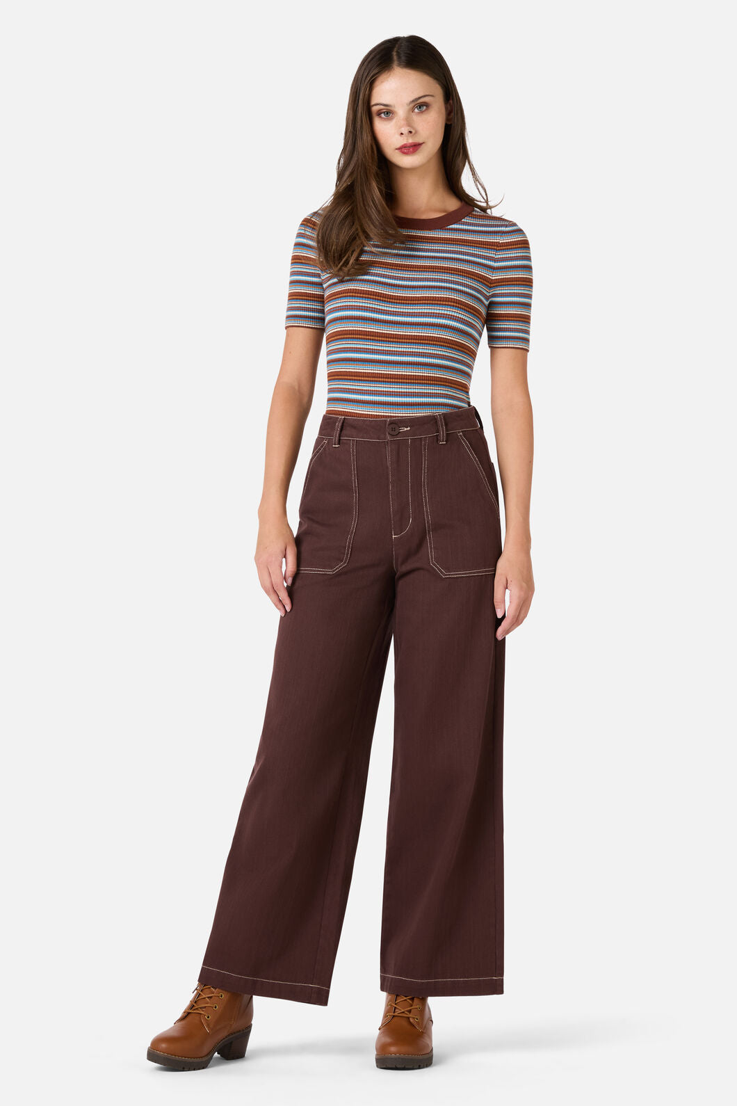 Princess Highway - Adelaide Stripe Rib Knit Top - toffee