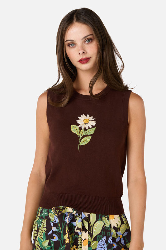 Princess Highway - Daisy Embroidered Knit Vest - chocolate