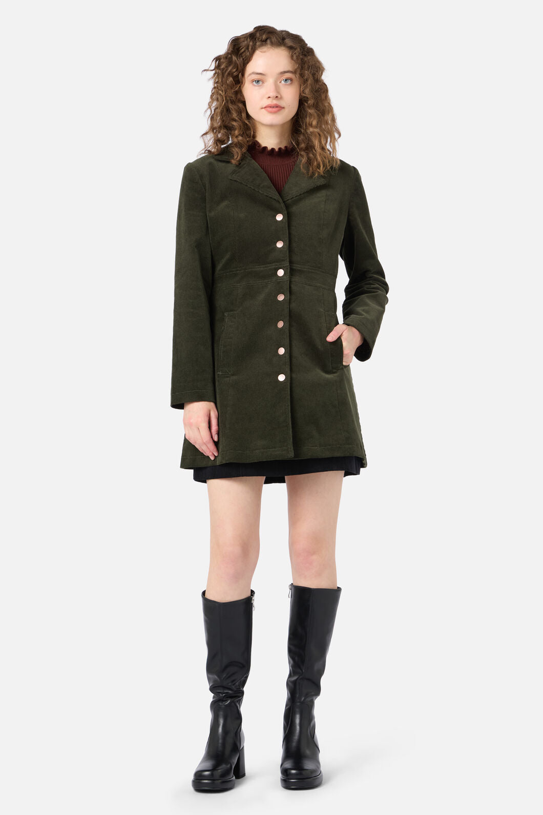 Princess Highway - Hazel A-Line Long Cord Jacket - forest-green