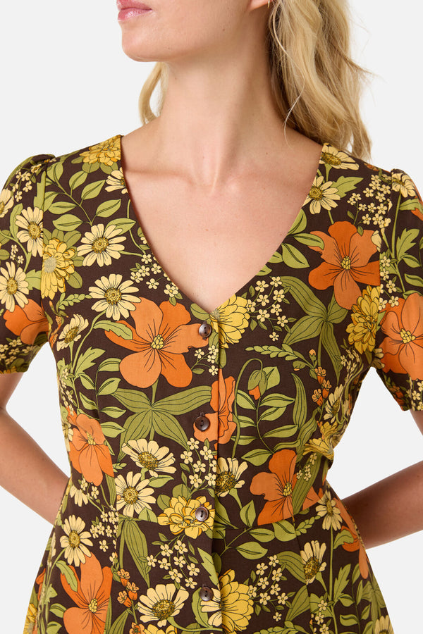 Princess Highway - Gloria 70'S Floral Mini Dress - chocolate