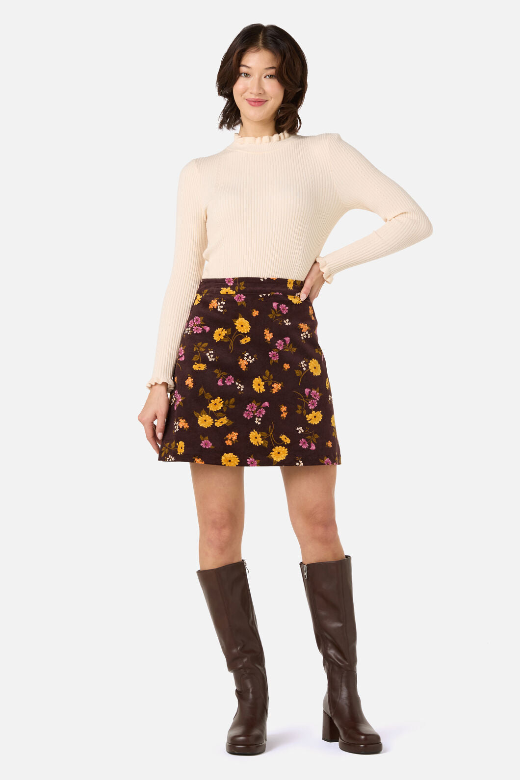 Princess Highway - Winona Flower Corduroy Skirt - chocolate