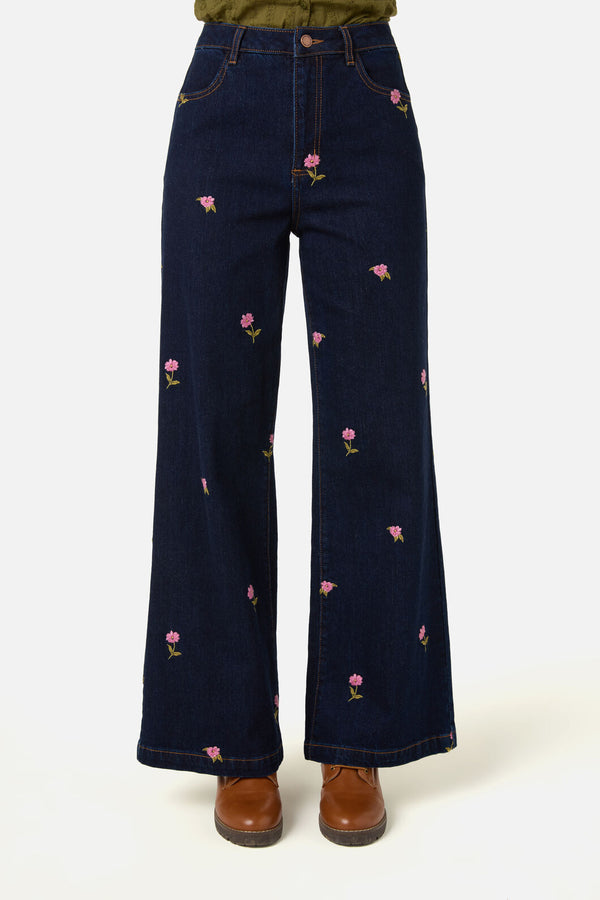 Princess Highway - Ditsy Flower Embroidered Jean - blue-denim