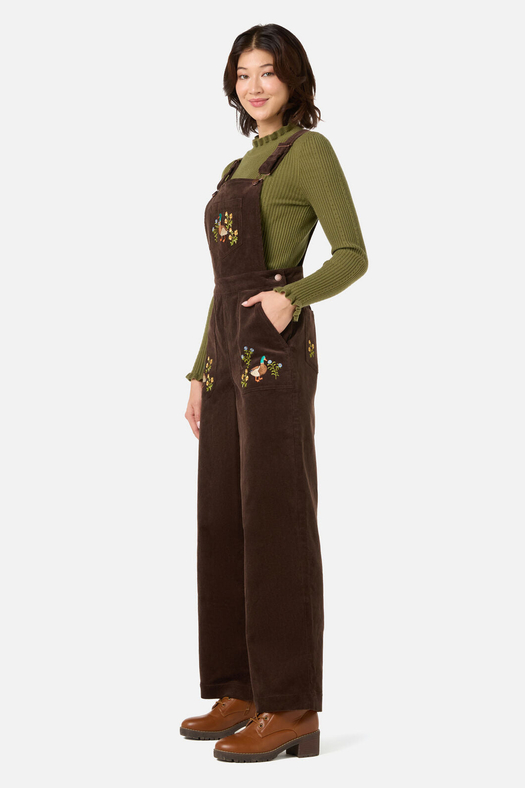 Princess Highway - Sweet Ducks Embroidered Cord Overall - chocolate