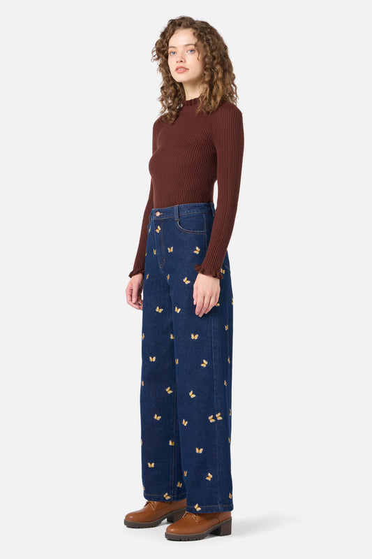 Princess Highway - Butterfly Embroidered Jean - blue-denim