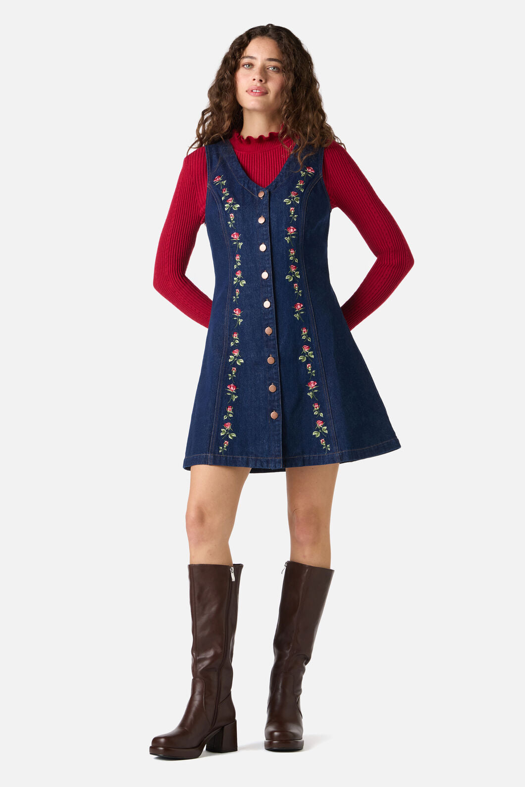 Princess Highway - Roses Embroidered Pinafore - blue-denim