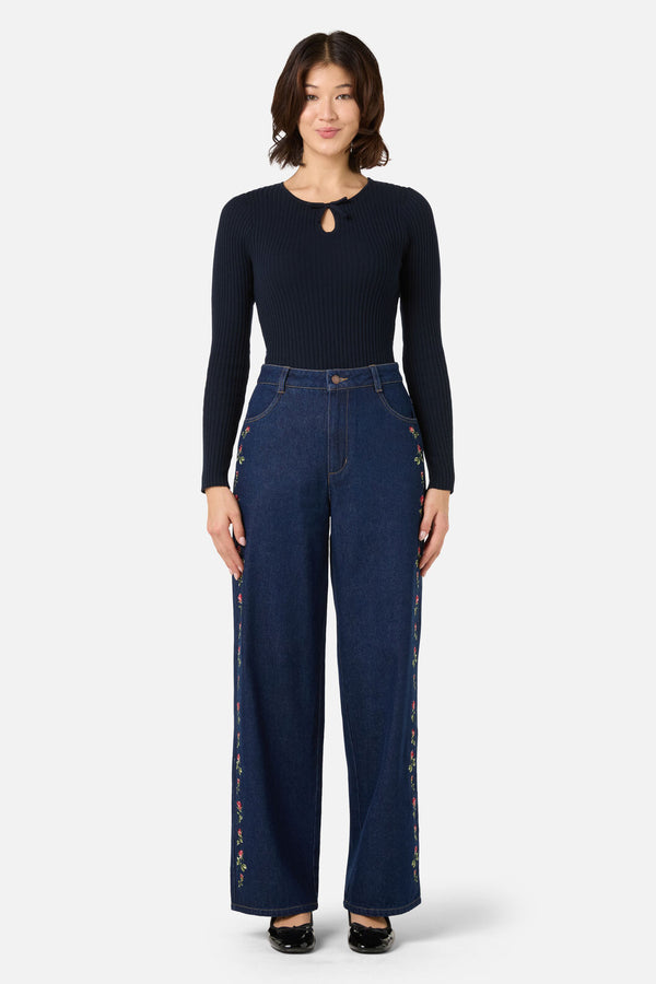 Princess Highway - Roses Embroidered Jean - blue-denim