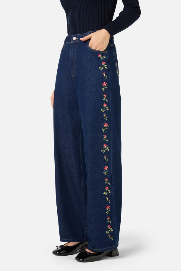 Princess Highway - Roses Embroidered Jean - blue-denim