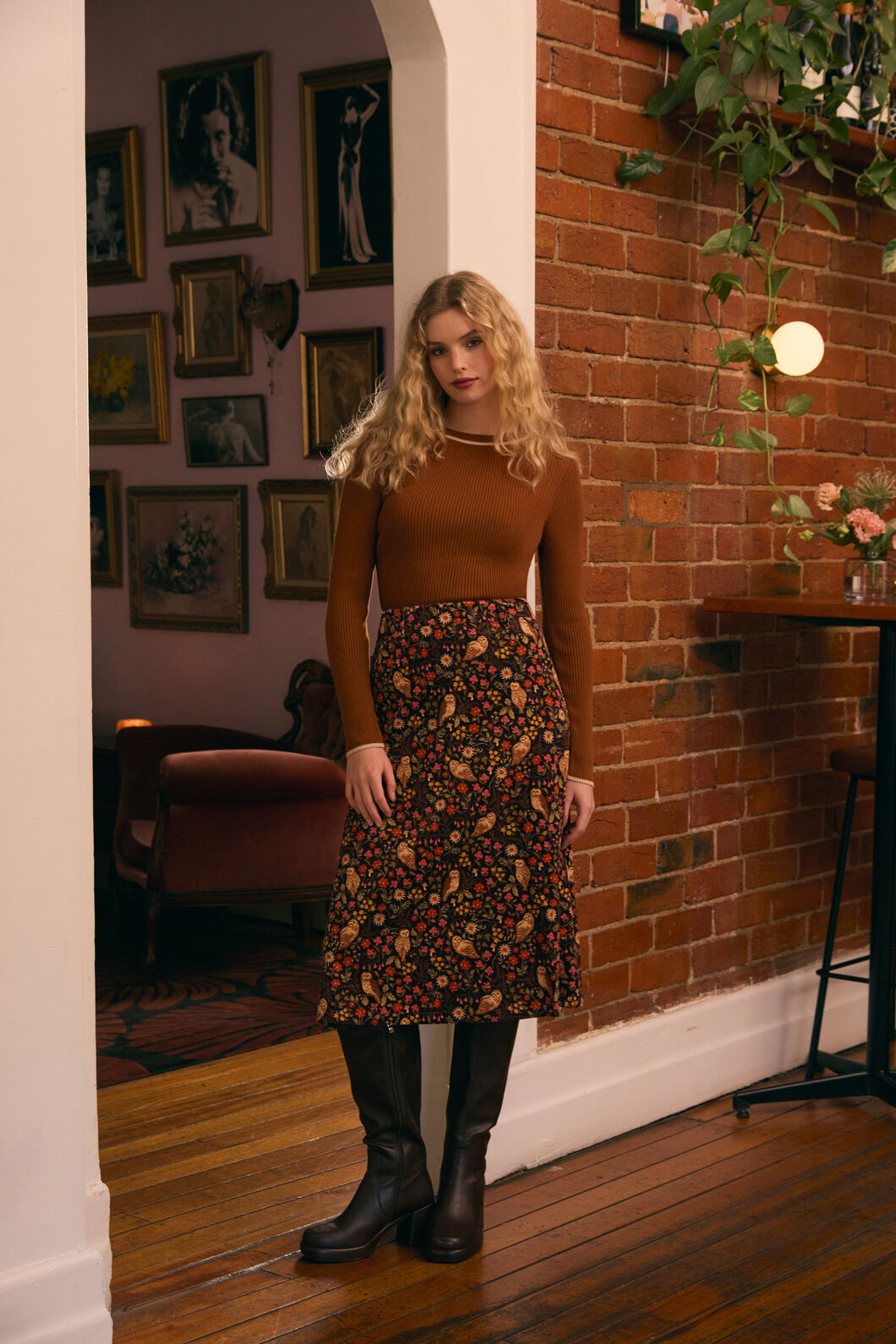 Princess Highway - Forest Owl Cord Midi Skirt - chocolate