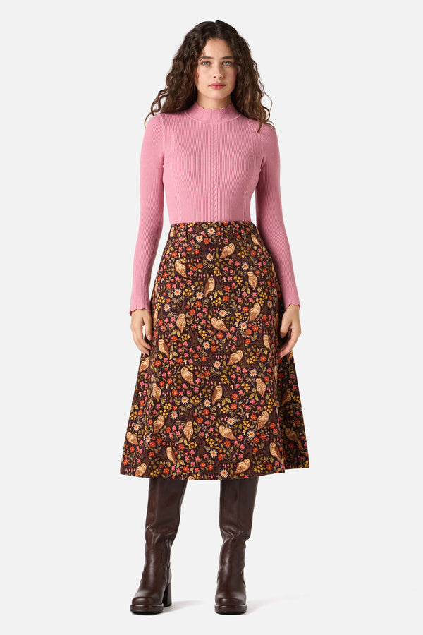Princess Highway - Forest Owl Cord Midi Skirt - chocolate