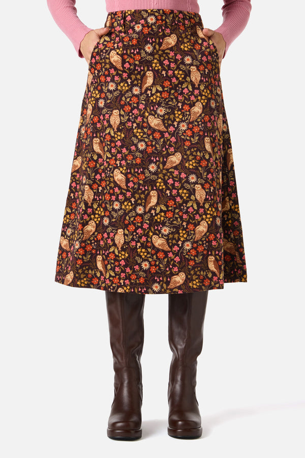 Princess Highway - Forest Owl Cord Midi Skirt - chocolate