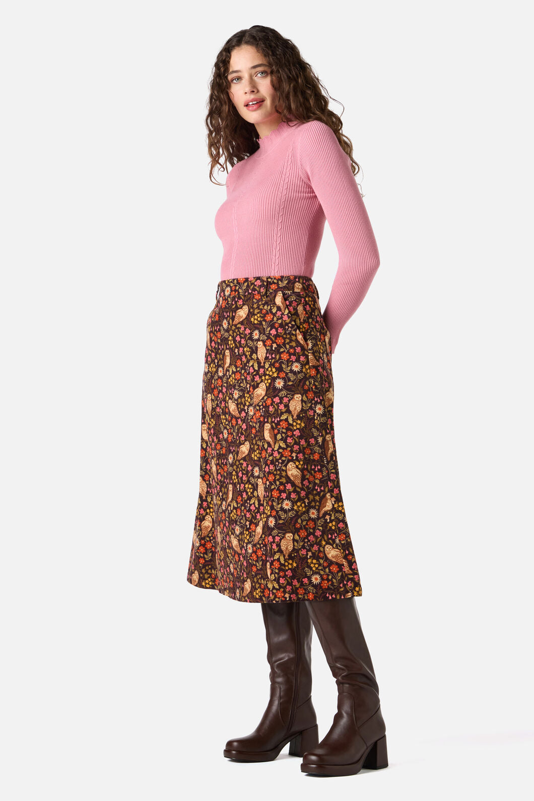 Princess Highway - Forest Owl Cord Midi Skirt - chocolate