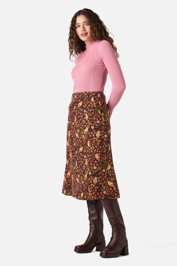 Princess Highway - Forest Owl Cord Midi Skirt - chocolate