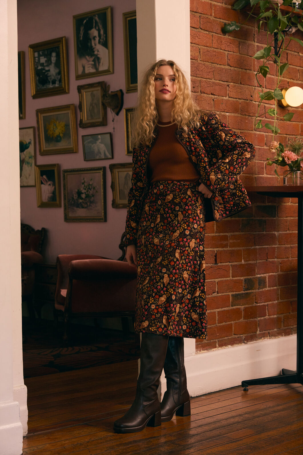 Princess Highway - Forest Owl Cord Midi Skirt - chocolate