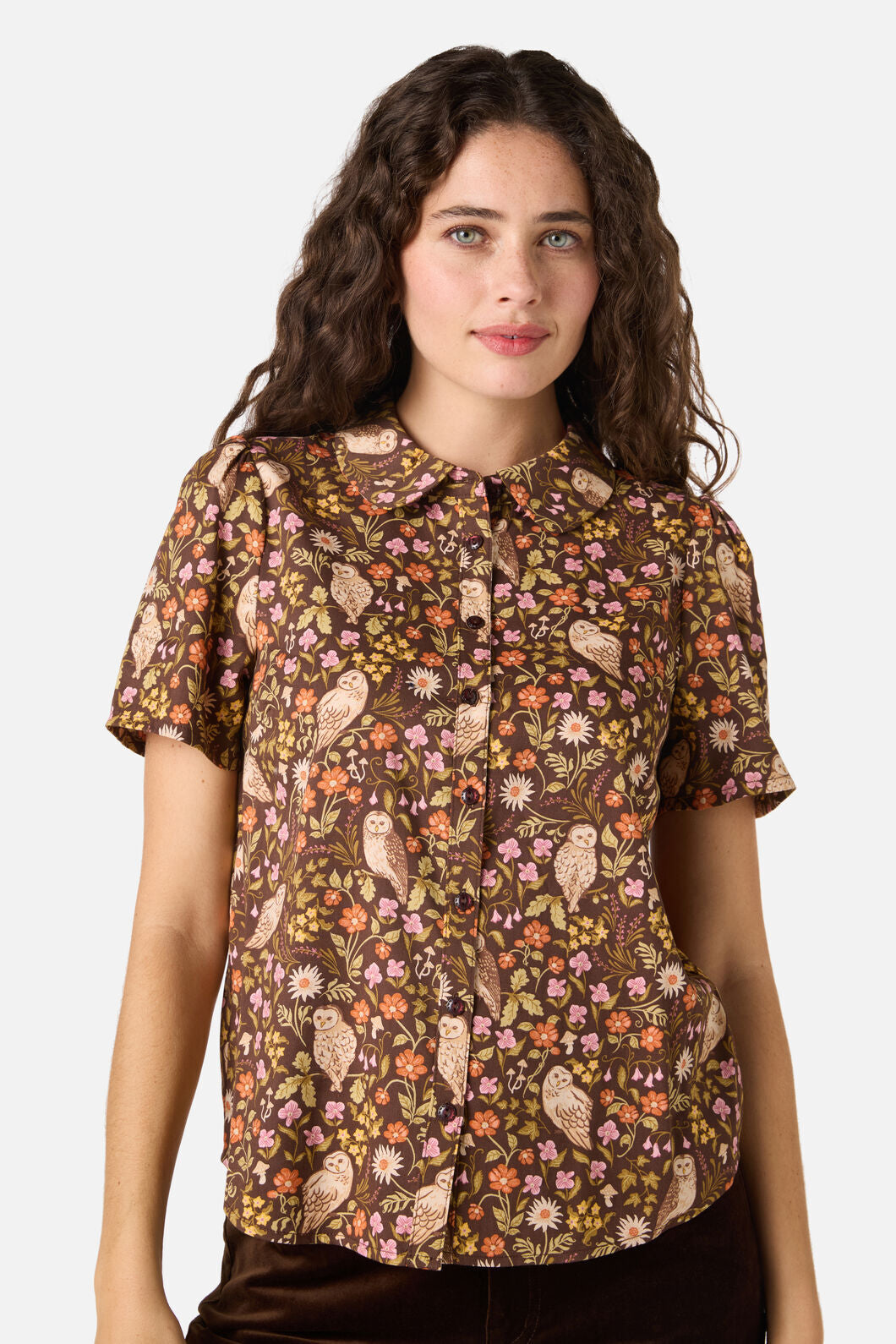 Princess Highway - Forest Owl Short Sleeve Blouse - chocolate
