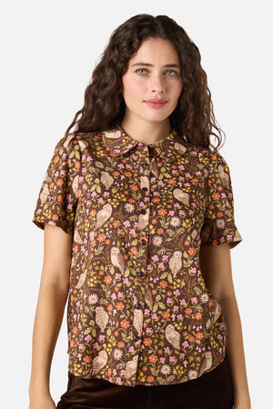 Princess Highway - Forest Owl Short Sleeve Blouse - chocolate