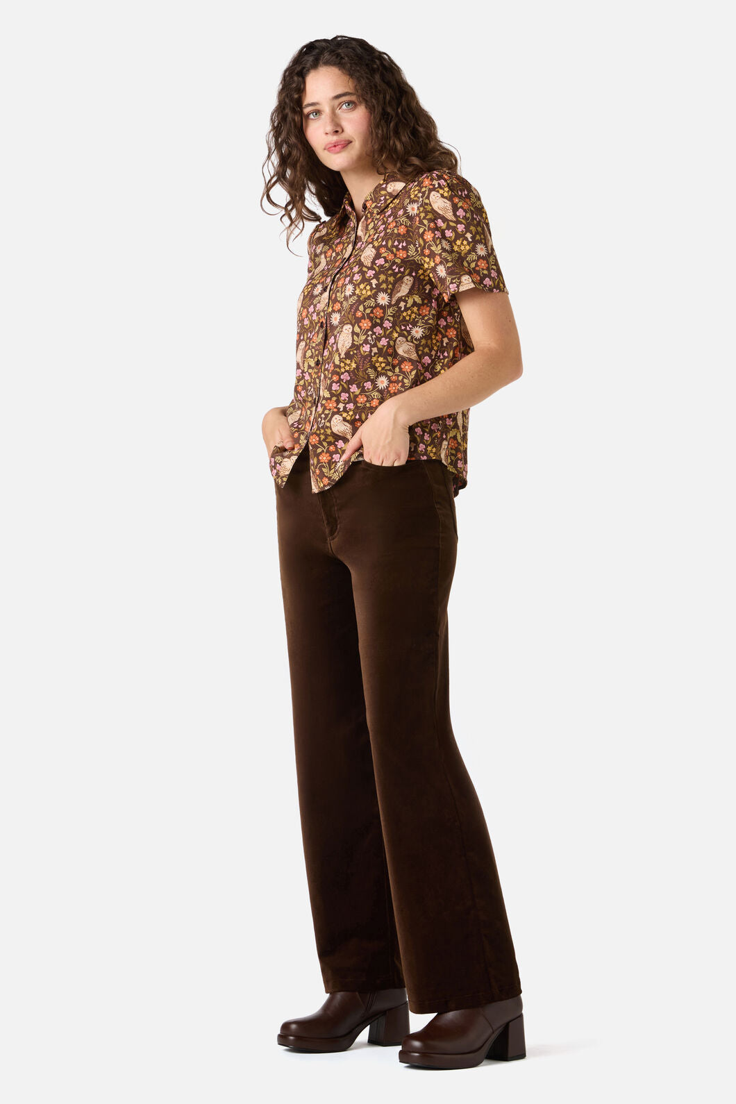 Princess Highway - Forest Owl Short Sleeve Blouse - chocolate