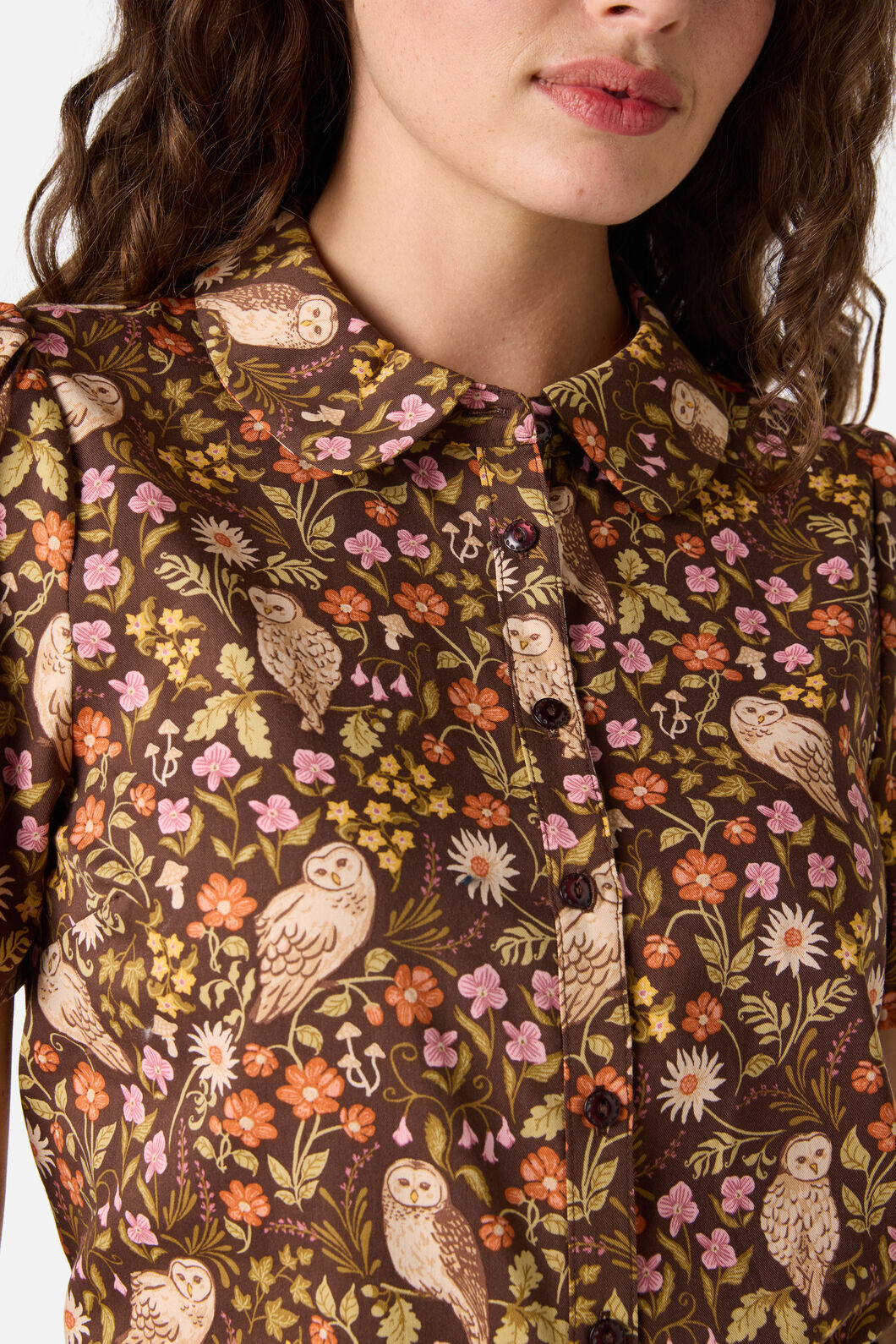 Princess Highway - Forest Owl Short Sleeve Blouse - chocolate